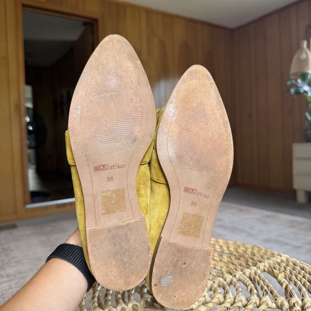 Matiko Anthropologie Suede Leather Loafers Mustard Size 38 Fringe Pointed Toe - Picture 3 of 10